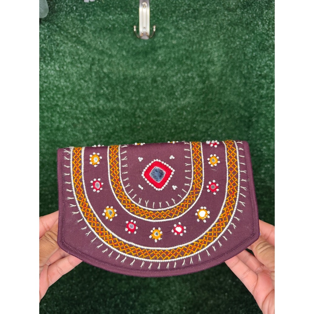 Indian Hand Embroidered Burgundy Mirror Work Beaded Boho Clutch Wallet